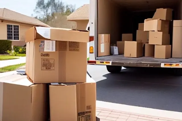 Cardboard moving boxes beside an open removal lorry