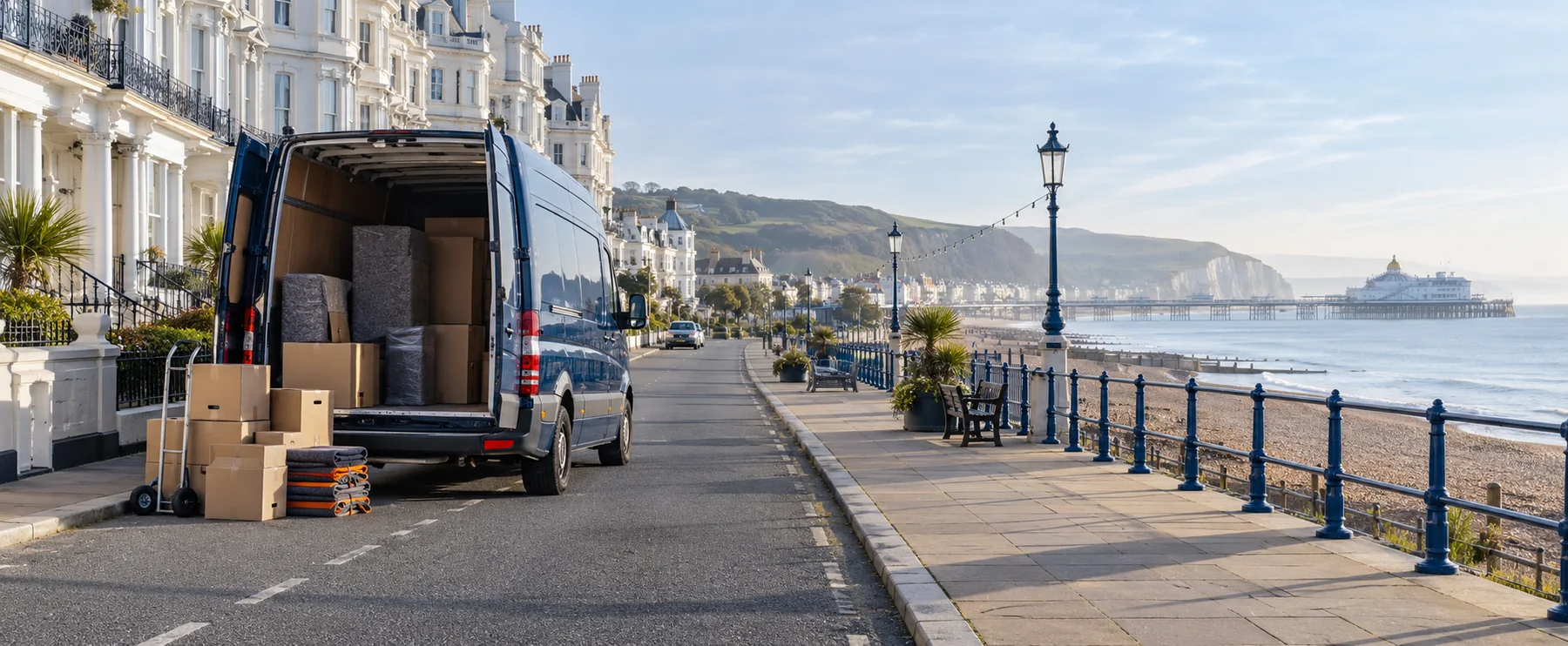 Removal van prepared for a move on Eastbourne seafront